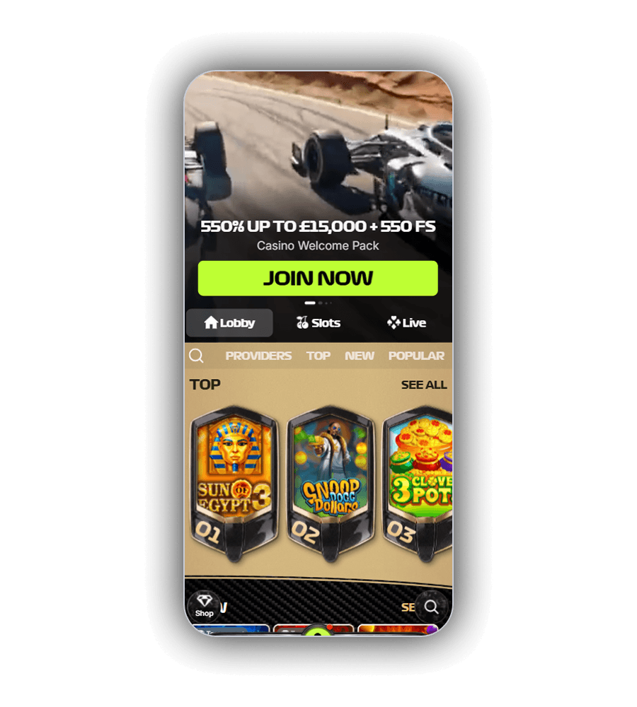 Spin Formula mobile lobby with the Casino Welcome Pack banner and top slots